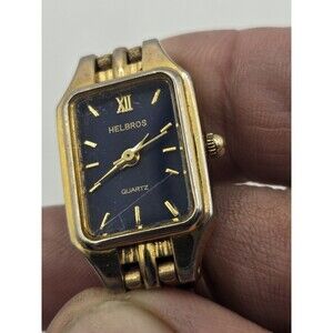 Helbros Ladies' Blue Dial Gold Tone Tank Watch. New Battery